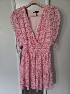 BCBG Pink White Floral Wrap Smocked Mini Dress